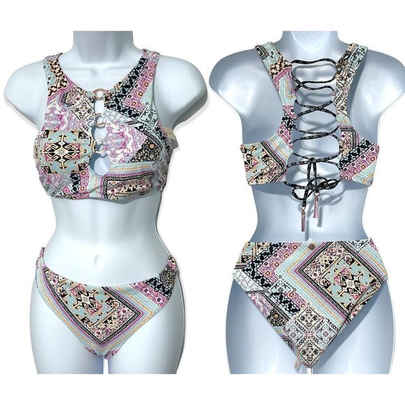 Nanette Lepore Hannah High Neck Marrakesh Megerie Bikini Set Swim Pink Size 8 - Picture 2 of 16